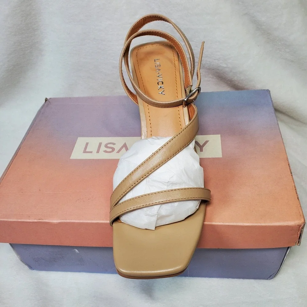 Lisa Vicky Tan Camel Sheep Sandals NIB Size 7.5 Formal Strappy Block Heel $99